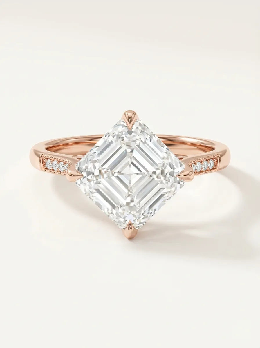 Asscher formos deimantinis žiedas su 14K geltonu auksu