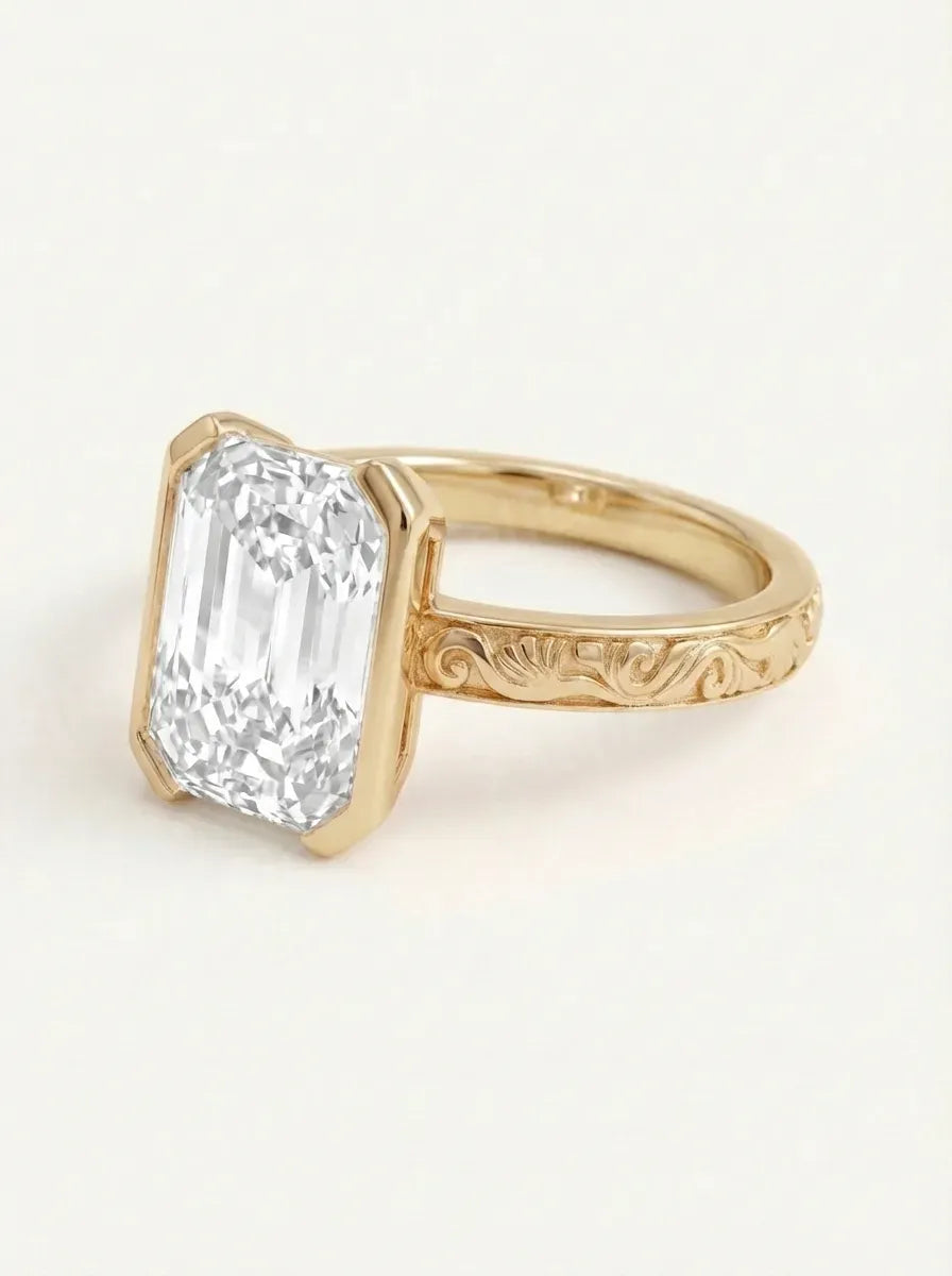 Elegantiškas bezel radiant cut laboratorinio brilianto žiedas