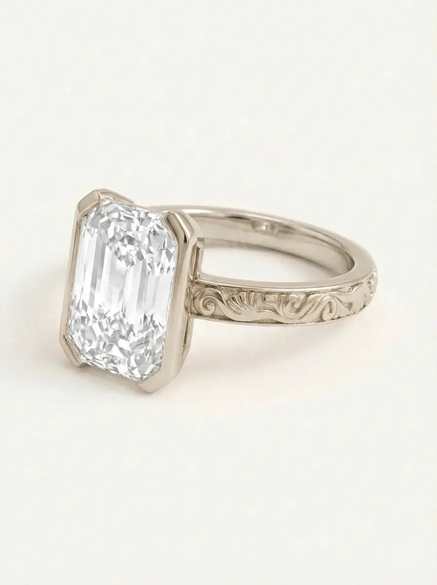 Rožinio aukso radiant cut žiedas su ornamentais