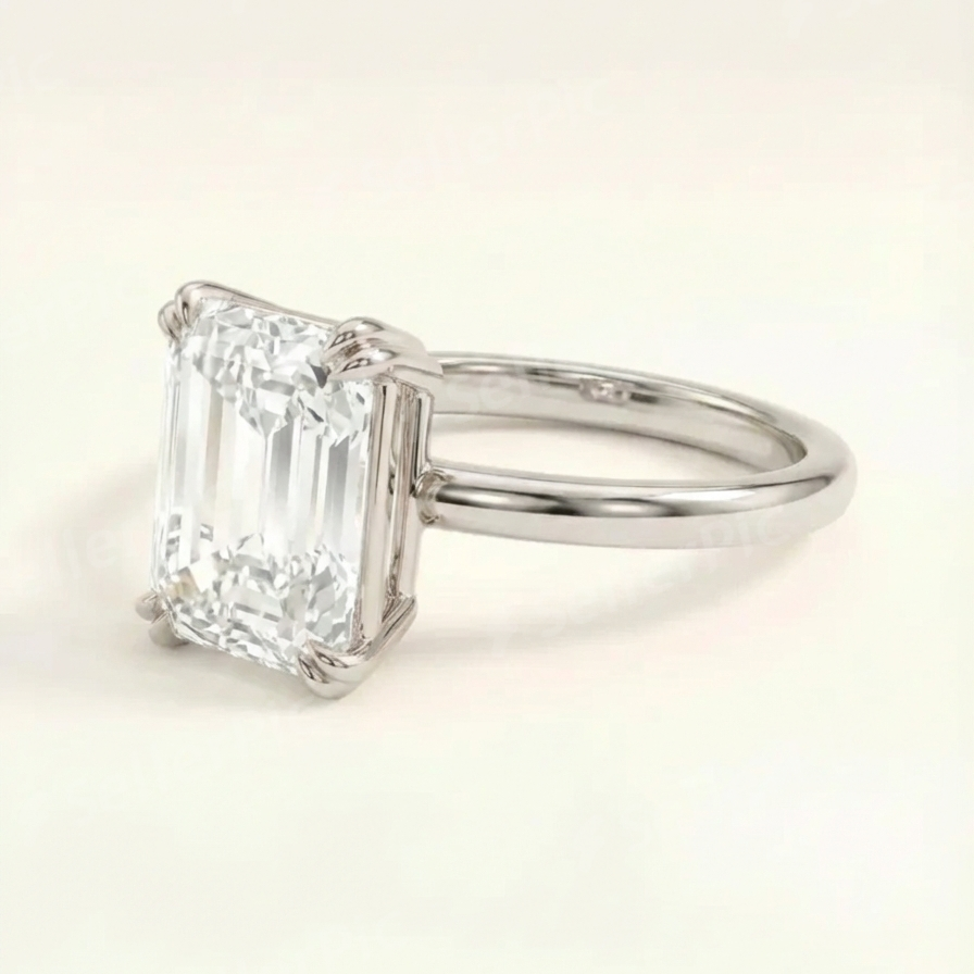 Rausvo aukso solitaire žiedas su emerald cut laboratoriniu deimantu