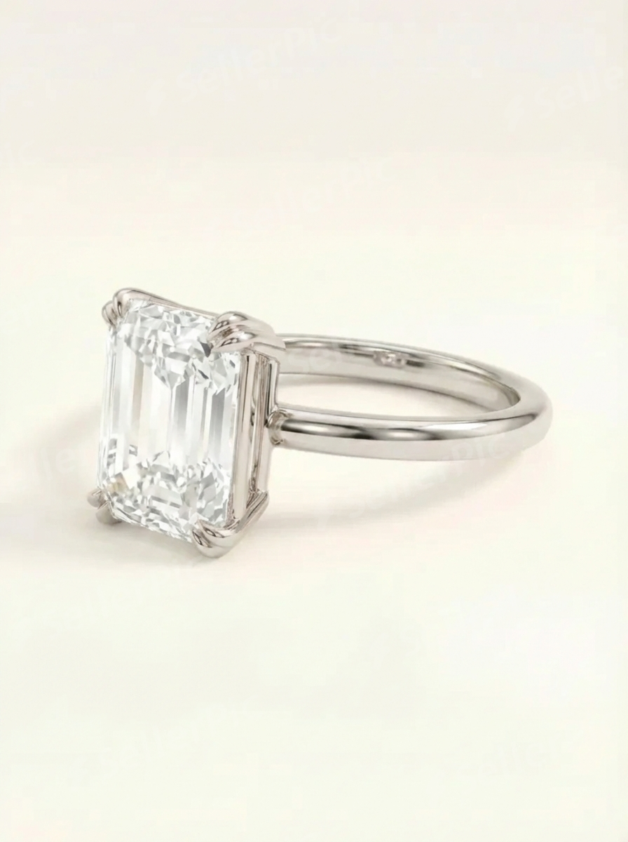 Rausvo aukso solitaire žiedas su emerald cut laboratoriniu deimantu