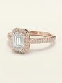 Emerald cut halo žiedas su laboratoriniu briliantu