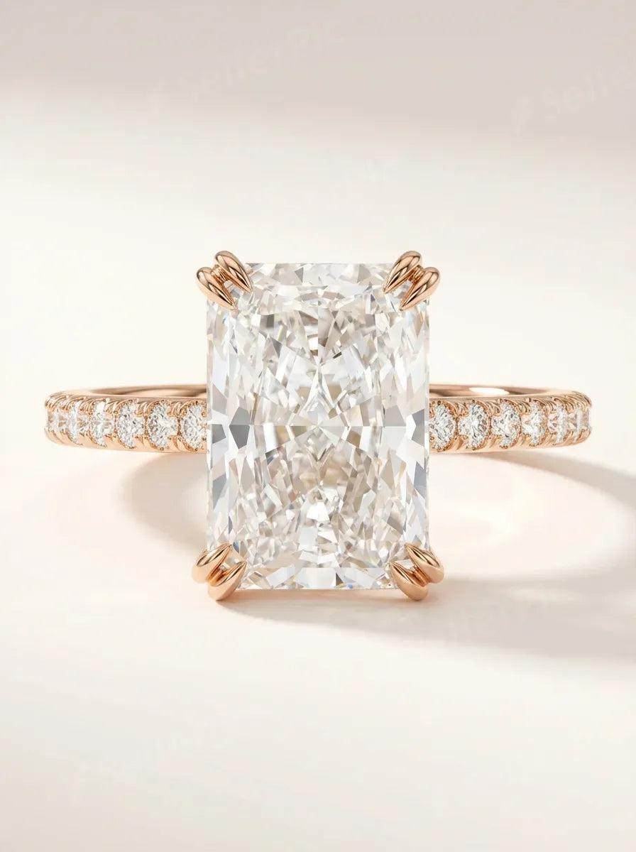 Elegantiškas radiant cut žiedas su pavé briliantais