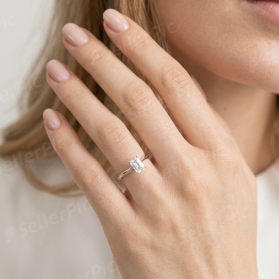 Radiant cut solitaire žiedas baltame aukse su laboratoriniu briliantu