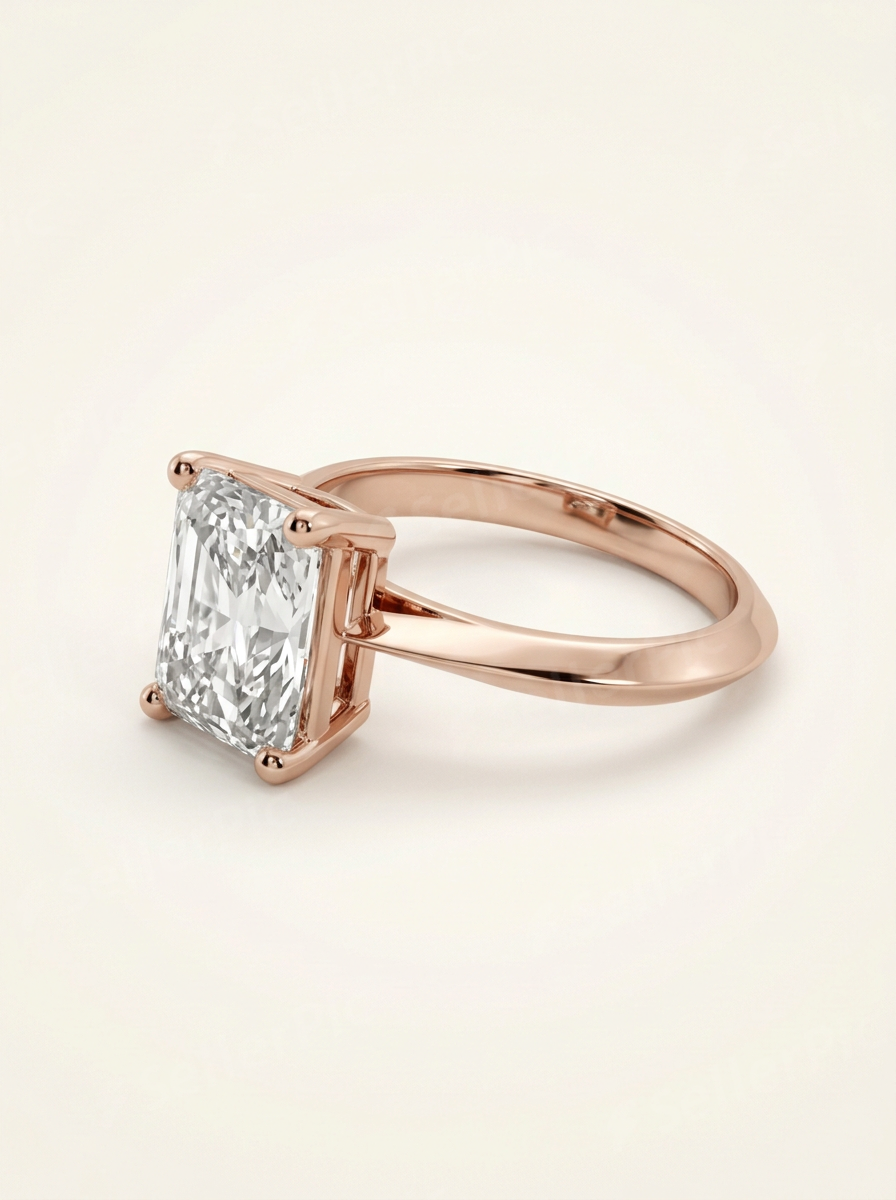 Radiant cut solitaire žiedas rožiniame aukse su laboratoriniu briliantu